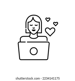 Young woman at her laptop receiving multiple positive heart feedback notifications. Pixel perfect, editable stroke icon