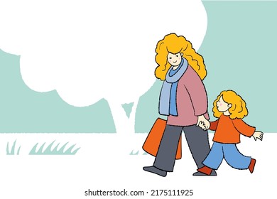 A young woman and her little daughter are walking down the street. Vector illustration