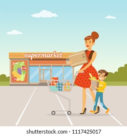 Young woman and her little son standing in front of supermarket building with shopping cart, people shopping concept vector Illustration
