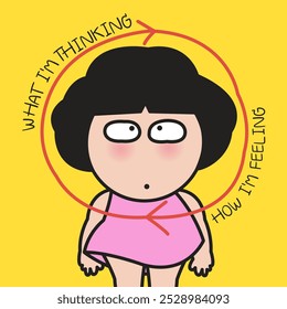 Mujer joven con su bucle de pensar y sentir concepto ilustración de personaje de dibujos animados