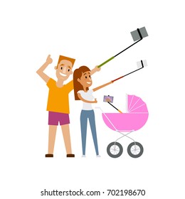 Young woman and her newborn baby in pram both making selfie with phone and monopod, cartoon vector illustration isolated on white background. Pretty young mother and baby in pram make selfie