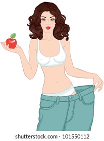 Young Woman in her old jeans after losing weight holding red apple isolated on white