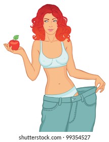 Young Woman in her old jeans after losing weight holding red apple isolated on white