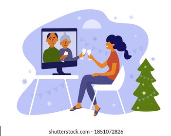 Young woman and her parents celebrate Christmas or New Year  using the computer. Seniors and daughter make online video call during holidays. Virtual talk of elderly people and girl. Family vector illustration