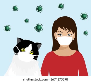 Young woman and her pet, adorable cat wearing surgical face mask with corona virus diseases  (COVID-19) around. Vector Illustration. Idea for COVID-19 outbreak effect to people's living lifestyle. 