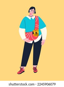 Young woman with her pet sitting in a portable shoulder handbag. Female owner with a little dog in a carrying bag. Vector flat illustration