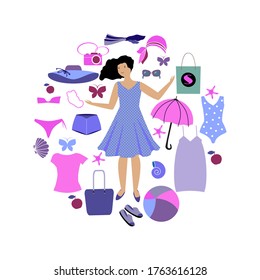 Young woman and her summer dress and accessory. Vector flat illustration.
