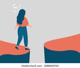 Young woman hesitates to take a difficult move forward into the future. Girl stands on the edge of a cliff and looks to the next step. Concept of indecision, life choice, plans making. Vector stock.