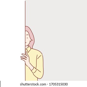 Young woman hiding behind the wall memorial showing half of her face. Hand drawn style vector design illustrations.