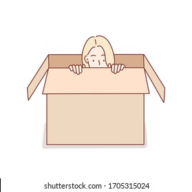 Young woman hiding in a carton box. Hand drawn style vector design illustrations.