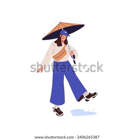Young woman hiding under umbrella walking in rainy weather. Shocked girl with parasol steps over puddle. Person holding brolly strolling in rain. Flat isolated vector illustration on white background