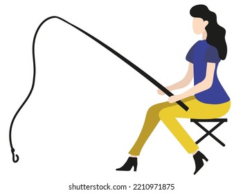 A Young Woman In High-heeled Shoes Fishes While Sitting On A Stool With A Fishing Rod In Her Hands. Vector Cartoon Faceless Character Isolated On Transparent Background