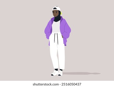 The young woman in hijab confidently sports a vibrant purple jacket with relaxed white pants and sporty shoes, blending athleticism with cultural pride in the outdoors