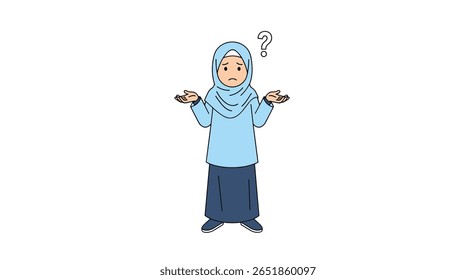 Jovem mulher no hijab expressa confusão e incerteza com mãos levantadas e ponto de interrogação