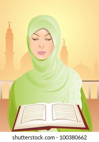 Joven con hijab leyendo el libro sagrado Corán sobre el fondo de una mezquita sin costura. EPS 10. Ilustración vectorial.