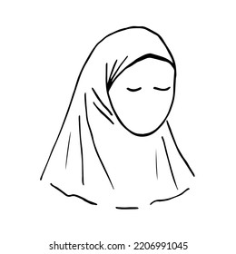 Young woman in hijab. Simple vector drawing in black outline. Sketch in ink.