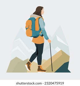 Young woman hiking in mountains with equipment. Vector illustration.