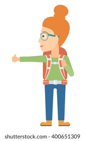 Young woman hitchhiking.
