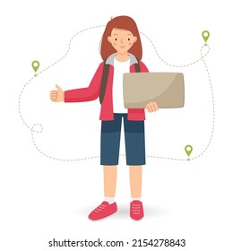 A young woman is hitchhiking and holding a sign in her hands. Route with points. Vector flat illustration.