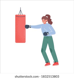 Young Woman Hitting Punching Bag with Boxing Gloves to Calm Down Stressful Emotion, Person Relaxing, Reducing and Managing Stress Cartoon Style Vector Illustration