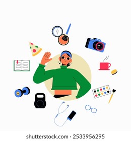 Mujer Joven Con Aficiones E Intereses En La Ilustración vectorial Plana Que Simboliza La Creatividad, Opciones De Estilo De Vida Y Actividades De Ocio, Aislado Sobre Fondo Blanco