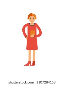 Young woman hold book icon. Literature concept, bookstore advertising, knowledge and education vector illustration in flat style.