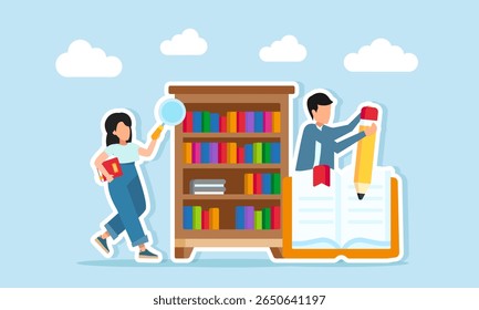 Jovem segura um livro e lupa observando estante enquanto jovem escreve em um caderno com ilustração a lápis de pesquisa e referência para escrever relatórios ou livros