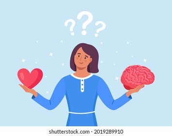 Young Woman Hold Brain and Heart in Hands. Choosing between Feelings and Mind, Career or Hobby, Love or Work. Female Character Making Life Decision. Vector illustration