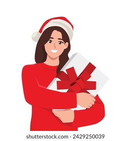 Young Woman hold christmas gift wearing Santa hat. Flat vector illustration isolated on white background