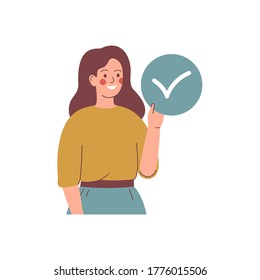 Young woman hold the circle with accept mark. Yes concept. Vector illustration. 