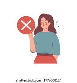 Young woman hold the circle with reject mark. No concept. Vector illustration. 