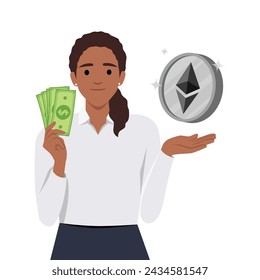 Young woman hold Etherium coin sign in hand and dollar money. Person with etherium, crypto currency coin. Flat vector illustration isolated on white background
