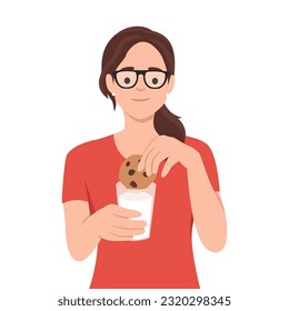 Young woman hold glass of milk with cookie. Flat vector illustration isolated on white background