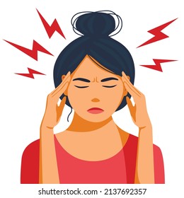 Young woman hold her head because of illness or stress at work. Flat vector cartoon style isolated