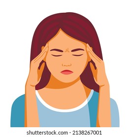 Young woman hold her head because of illness or stress at work. Flat vector cartoon style isolated