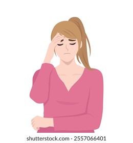 Young woman hold her head because of illness or stress at work. Flat vector Character Illustration