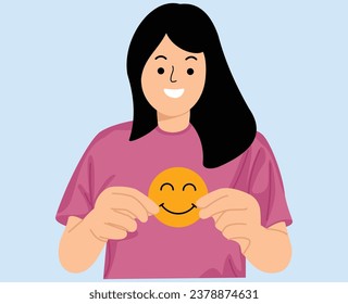 young woman hold paper cut smiling face emoticon symbol