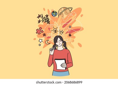 Young woman hold paper think or visualize ideas, brainstorm contemplating. Millennial girl student write in notebook, engaged in creative thinking. Inspiration, visualization. Vector illustration. 