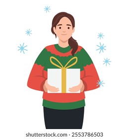 Young woman hold wrapped beautiful present in hands congratulate with Christmas. Flat vector illustration isolated on white background