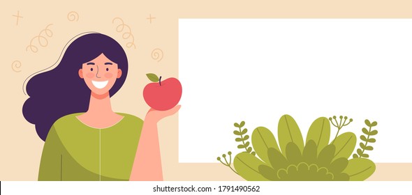 Young woman holding apple in hand. Diet food, healthy lifestyle, vegetarian food, raw food diet. Student snack.Template,space for text,banner for web site. Flat cartoon vector illustration.