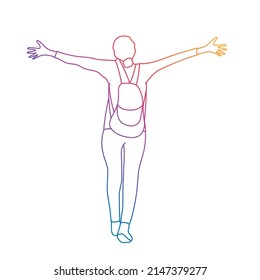 Young woman and holding arms up  Travel concept  Rainbow gradient  Sketch vector illustration 