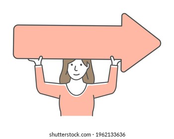 Young woman holding arrow sign vector illustration.
