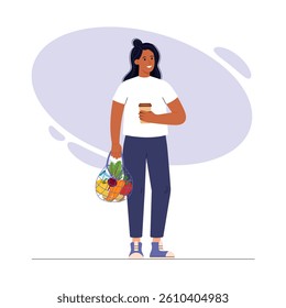 Young woman holding a bag with products from the market or supermarket. Eco-friendly concept. Healthy eating concept. Vector illustration