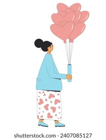 Young woman holding balloons in heart shape isolated on white background. Vector flat outline illustration