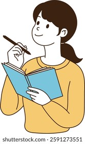 A young woman is holding a ballpoint pen with a smiling face and taking notes of important content. minimal line art vector illustration.
