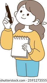 A young woman is holding a ballpoint pen with a smiling face and taking notes of important content. minimal line art vector illustration.
