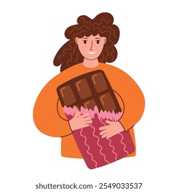 Young woman holding a bar of milk or dark chocolate. Vector illustration in cartoon modern style, for World Chocolate Day