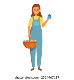 Young woman is holding a basket full of decorated easter eggs and showing one in her other hand