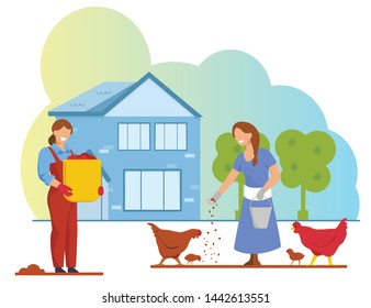 Young Woman Holding Basket with Ripe Fruits or Vegetables, Girl Farmer Feeding Chicken, Harvesting, Care of Fowl on Farm, Agriculture, Farming, Poultry Ranch, Industry Cartoon Flat Vector Illustration