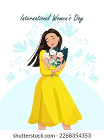 Young woman is holding a beautiful bouquet of flowers. International Women's Day. Vector illustration.